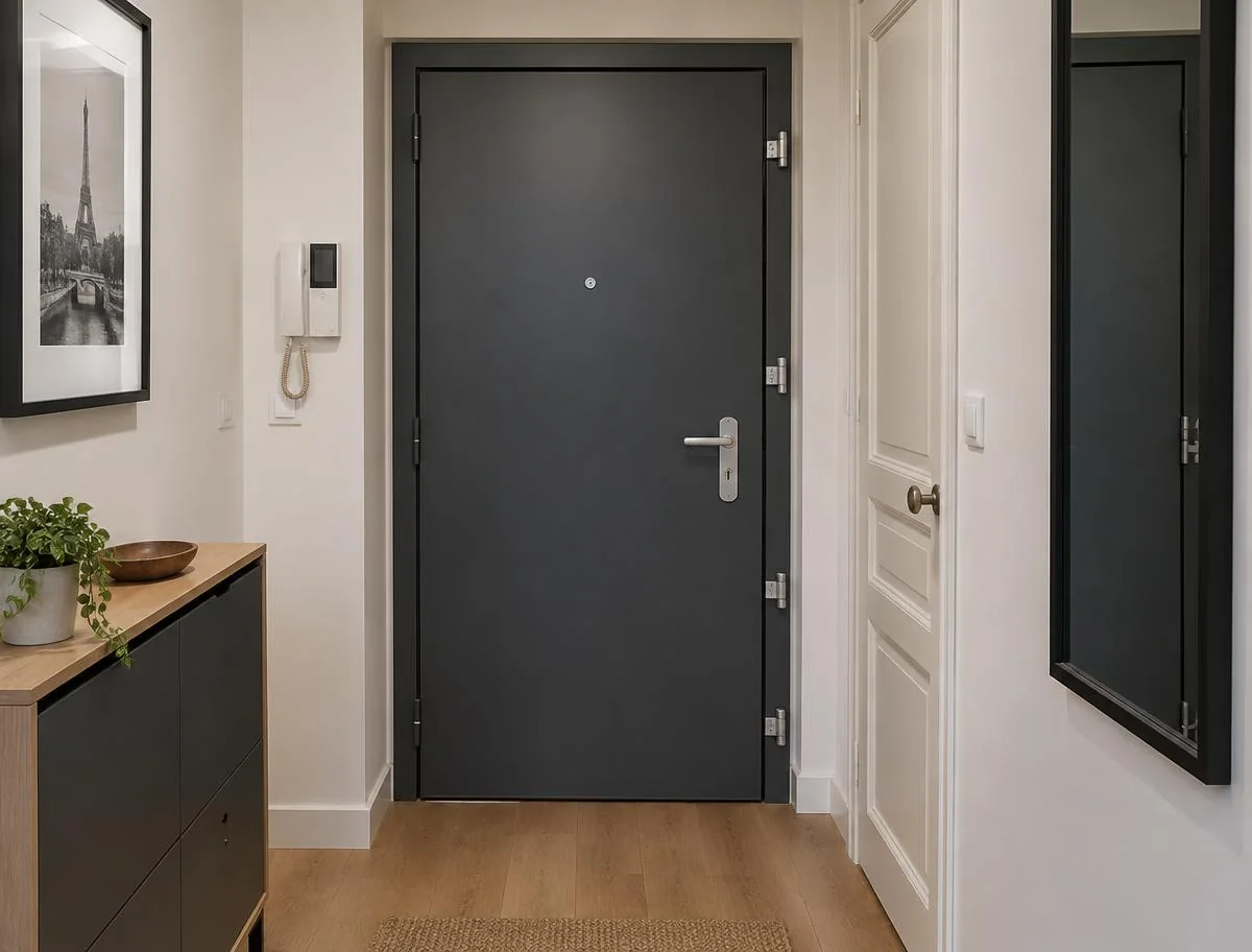 Porte blindée anthracite dans l'entrée d'un appartement
